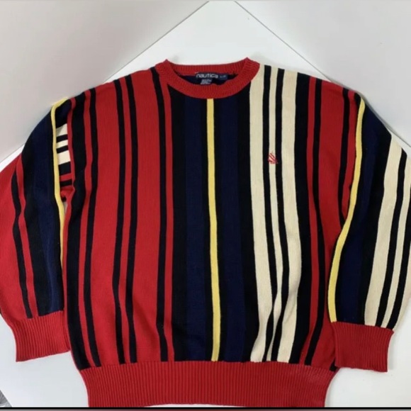 Nautica Other - Nautica Mens Striped Crew Neck Knit Sweater Size Large Red Yellow Blue